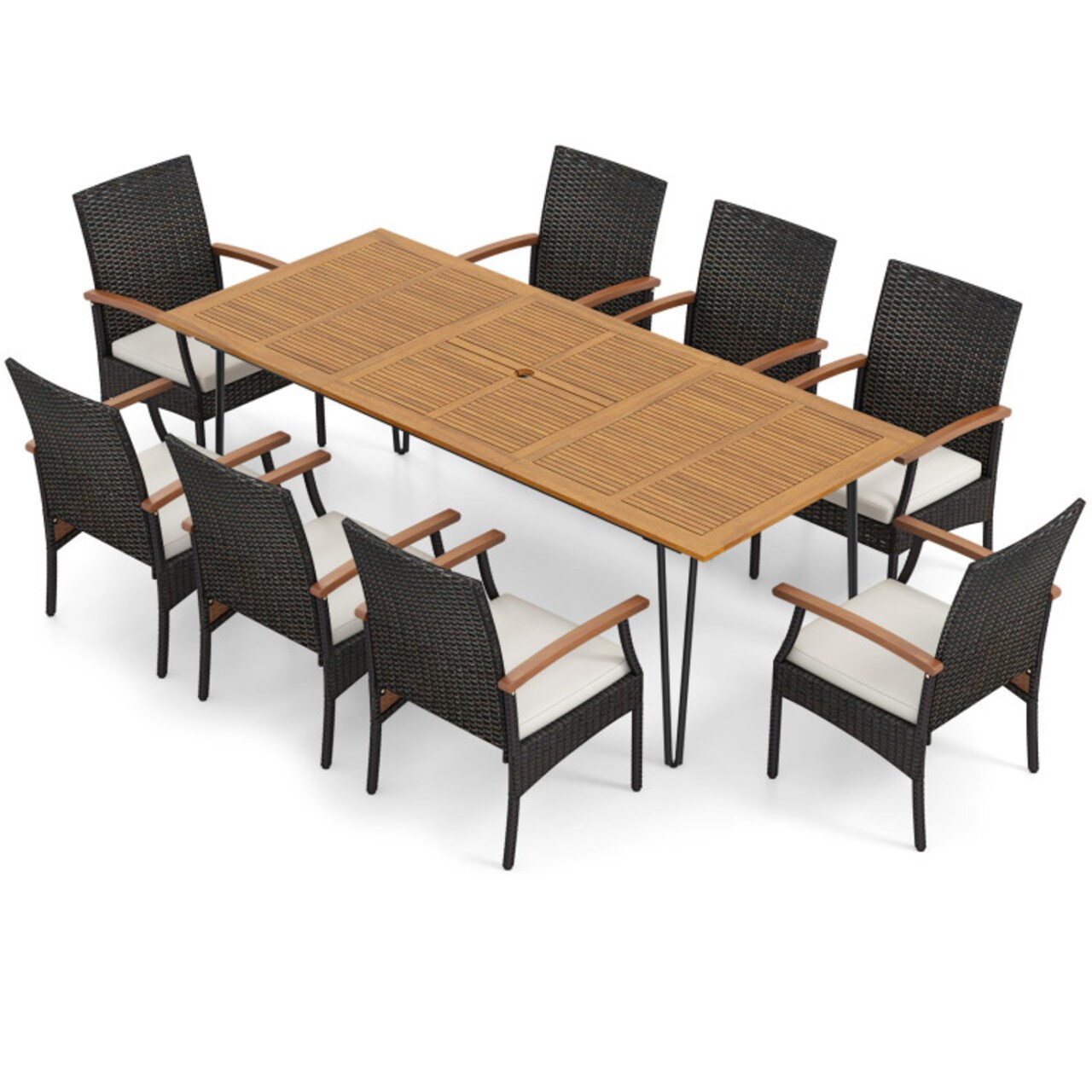 Outdoor 9-Piece Patio Dining Set – Acacia Wood Square Table with Umbrella Hole